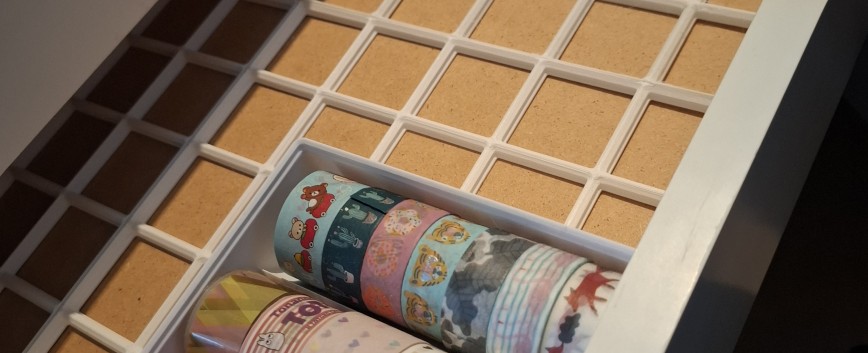First gridfinity washi bin in one of the ALEX drawers
